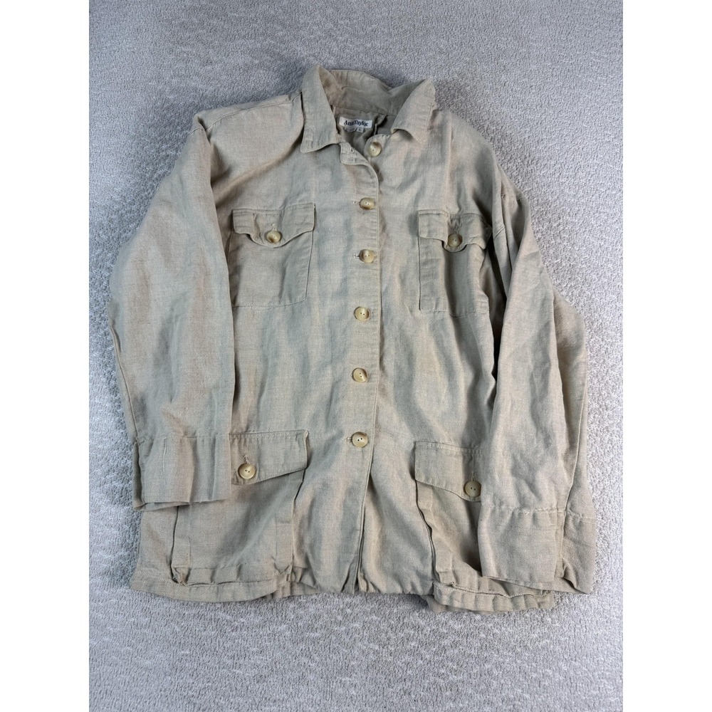 Ann Taylor Jacket Womens Large Beige‎ Linen Cotton Safari Utility Button Front